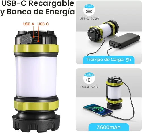 Vista 4 de Linterna LED de camping recargable (paquete de 1), linterna portátil Consciot con 6 modos de luz, banco de energía de 3600 mAh, IPX4 impermeable