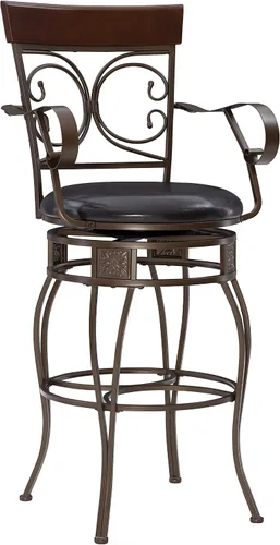 Vista 19 de Powell Dayne - Taburete grande y alto de 24 asientos con brazos en metal de bronce oscuro con asiento acolchado de piel sintética marrón oscuro