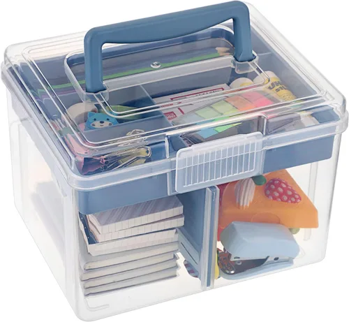 Vista 10 de BTSKY - Caja de almacenamiento de 2 capas de plástico transparente con bandeja extraíble, caja organizadora multiuso para papelería con asa, caja