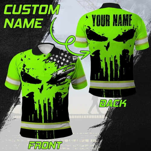 Vista 2 de Maddly Polo de alta visibilidad con diseño de calavera y bandera de Estados Unidos, ropa de trabajo patriótica con nombre personalizado