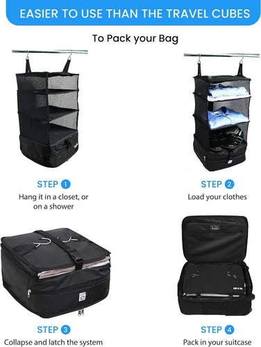 Vista 6 de Grand Fusion Housewares Stow-N-Go - Organizador de equipaje y viaje, artículos esenciales de viaje, cubos de embalaje colgantes con estantes