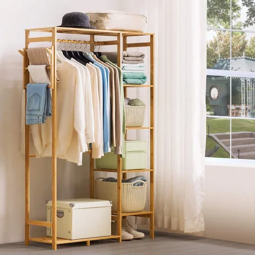 Vista 3 de Ufine Perchero de bambú para ropa de 6 niveles, estante colgante de ropa con ganchos laterales, estante de ropa resistente, organizador portátil