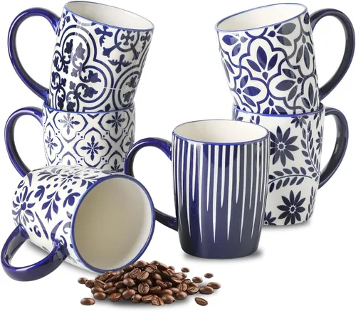 Vista 8 de HASENSE Tazas de café de 15 onzas, juego de 4 tazas de café de cerámica con patrones florales azules y blancos, juego de tazas de porcelana