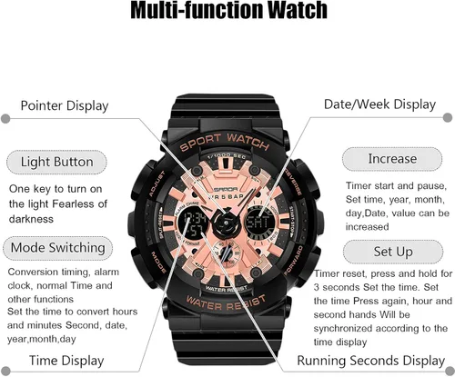 Vista 3 de RORIOS Reloj digital de cuarzo para hombre y mujer, reloj deportivo impermeable con temporizador de alarma multifunción para mujeres y niños