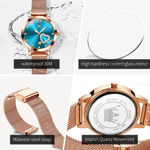 Vista 5 de OLEVS - Reloj de oro rosa para mujer con correa de malla, estilo de moda, diseño de corazones, de cuarzo japonés, resistente al agua, luminiscente