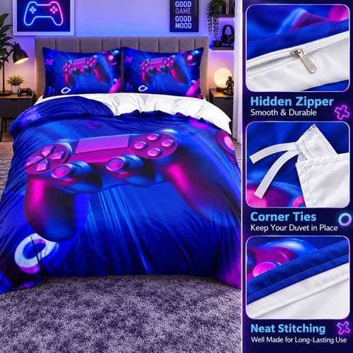 Vista 5 de Juego de funda de edredón de tamaño individual con estampado 3D de Gamepad azul para niños, fundas de edredón y fundas de almohada para dormitorio