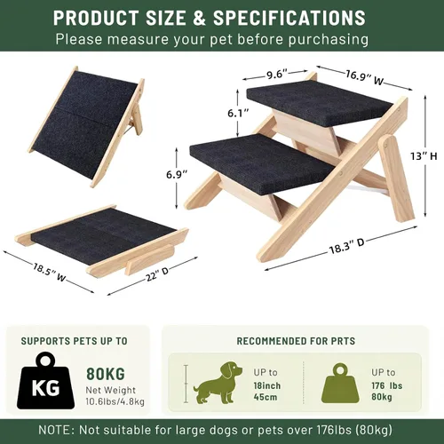 Vista 2 de Escaleras para perros, rampa para cama, escaleras y rampa plegables de madera 2 en 1 para mascotas, escalón portátil para perros de hasta 180 libras
