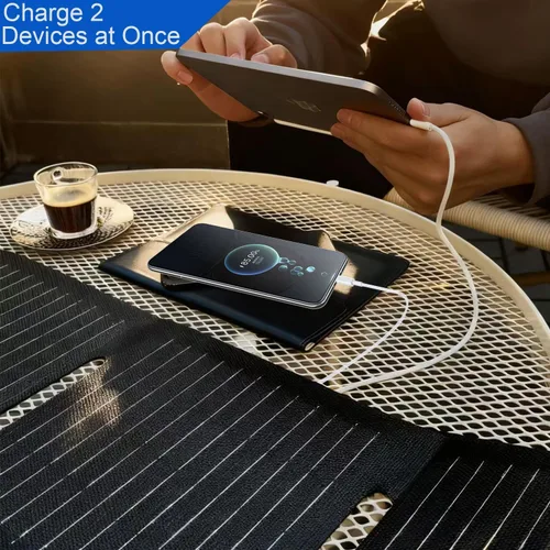 Vista 4 de Paneles solares portátiles de 60 W, panel solar plegable ETFE con puertos USB-C/USB-A/CC para senderismo, camping, mochileros, cargador solar