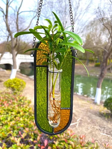 Vista 6 de LITMIND Estación de Propagación de Plantas de Vidrio Emplomado, Maceta Terrario Hidropónico Colgante con 2 Tubos de Vidrio - Perfecto