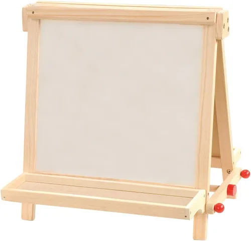 Vista 2 de Kaplan Early Learning - Caballete de madera plegable de dos caras con pizarra de borrado en seco, bandeja y vasos de pintura
