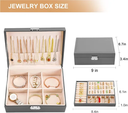 Vista 6 de Joyero para mujeres y niñas, 2 capas de cuero, organizador de joyas de viaje, estuche de almacenamiento con cerradura y bandeja extraíble
