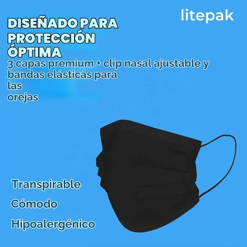Vista 5 de Litepak 2,000 mascarillas desechables - Cubrebocas transpirable para el hogar y la oficina Negro