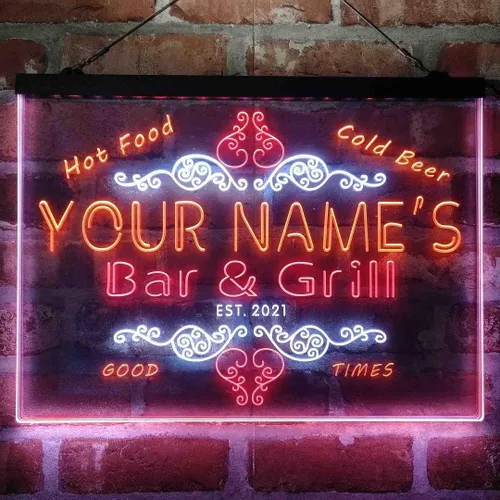 Vista 14 de Letrero de luz de neón LED tricolor personalizado para bar y parrilla, nombre personalizado, fecha, texto, cita, fuente blanco, azul y rojo, 17.7 x