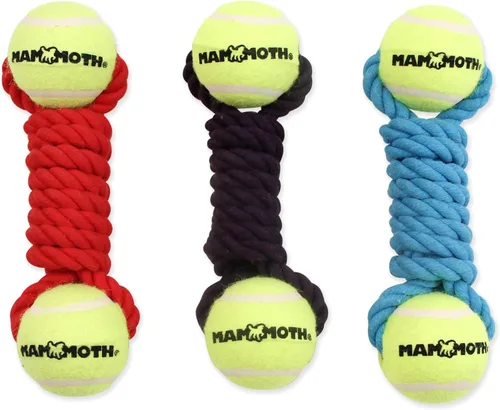 Vista 5 de Mammoth - Juguete de cuerda para masticar con pelotas de tenis, juguete interactivo de algodón y poliéster para perros, juguete interactivo