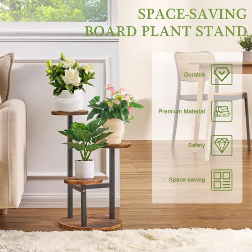 Vista 7 de VECELO Soporte para Plantas de 3 Niveles Interior y Exterior, Estante Alto de Metal y Madera para Flores y Múltiples Plantas, Pequeño Estante