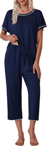 Vista 4 de Ekouaer Paquete de 2 pijamas de manga corta para mujer, ropa de dormir y pantalones capri, conjuntos de pijama estampados con bolsillos S-XXL