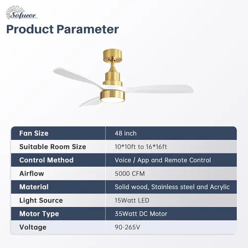 Vista 9 de Sofucor - Ventilador de techo inteligente de 48 pulgadas con luces y control remoto/APP, compatible con Alexa/Google, ventilador de techo de perfil