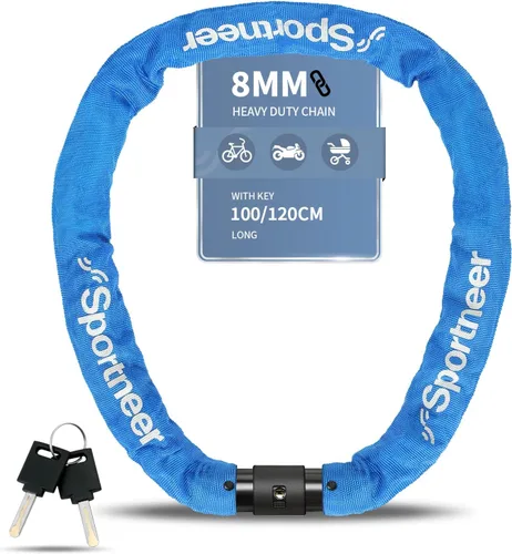 Vista 10 de Sportneer Candado para bicicleta: Candado de cadena de bicicleta de alta seguridad de 8mm de grosor con 2 llaves - 0.97/1.2 metros de largo, candado