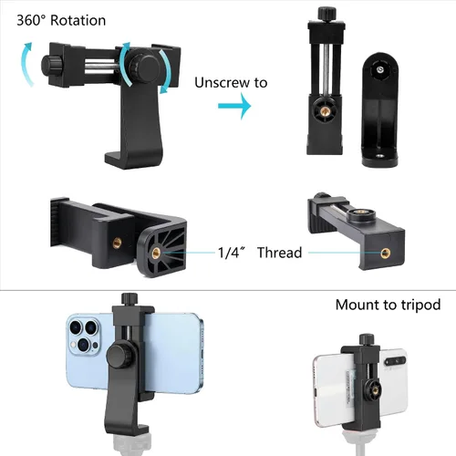 Vista 5 de Ruittos Adaptador de montaje de trípode para teléfono con control remoto de cámara, clip de soporte para teléfono celular con abrazadera ajustable