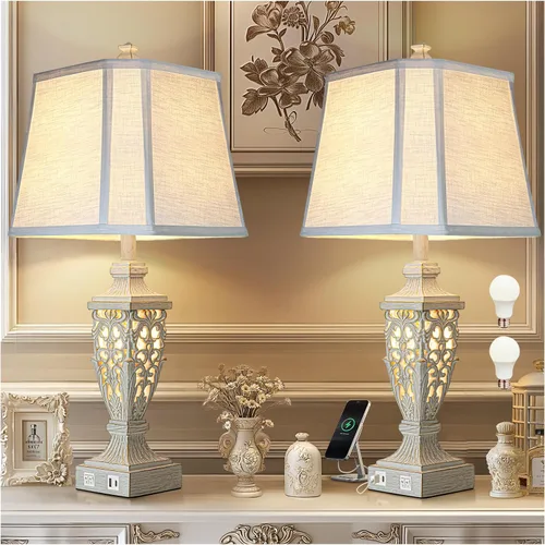 Vista 8 de Juego de 2 lámparas de mesa rústicas de 27" con luz nocturna para dormitorio, sala de estar, carga USB, lámpara de mesita de noche de granja