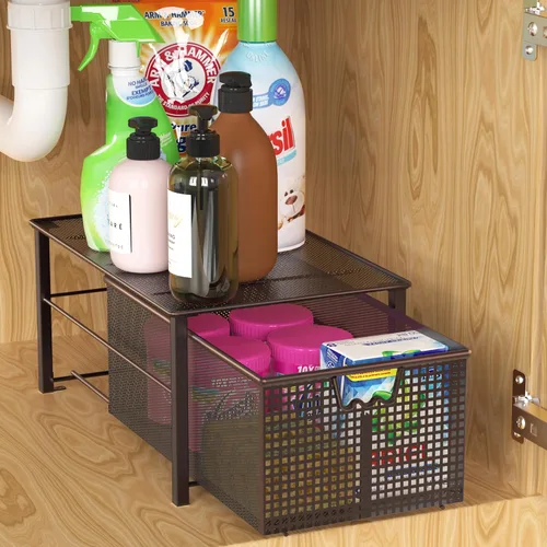 Vista 2 de Deco Brothers Cesta Deslizante Apilable Extraíble para Gabinete con Divisores, Grande, Bronce Organizador para debajo del fregadero, bronce
