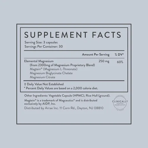 Vista 7 de Arrae Suplemento de magnesio, glicinato de magnesio, citrato y L-treonato, 250 mg, ayuda al estado de ánimo, sueño, nervios y músculos, 90 cápsulas