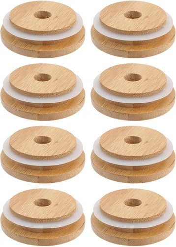 Vista 10 de DOITOOL 16 tapas para tarros de bambú con agujero para pajilla, tapas de bambú reutilizables para latas de cerveza, tarro Mason con agujero para 16