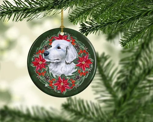 Vista 2 de Caroline's Treasures Maremma Sheepdog Poinsetta - Corona de cerámica para colgar en el árbol de Navidad, decoración para el hogar, Navidad, fiestas