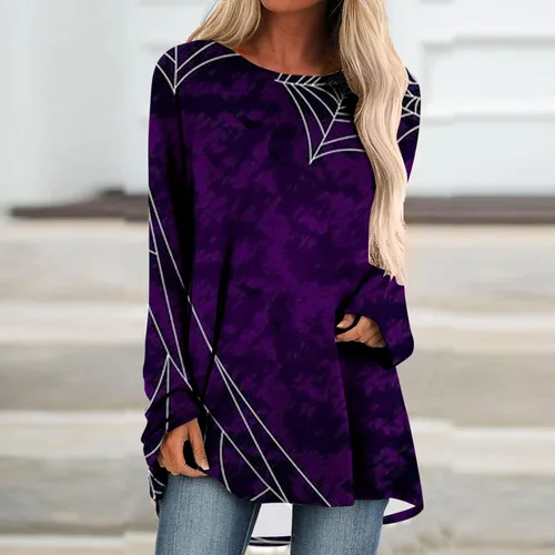 Vista 2 de Huilaibazo Túnica de Halloween para mujer, camisas gráficas de telaraña, blusa de manga larga fluida, túnica de talla grande para leggings