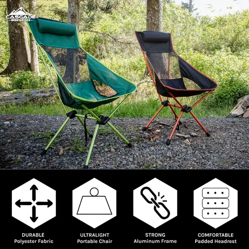 Vista 3 de Cascade Mountain Tech Silla de campamento ligera con respaldo alto al aire libre con reposacabezas y estuche de transporte - Negro