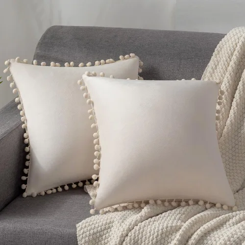 Vista 7 de DEZENE Fundas para Cojín de Sofá 16x16 Beige: Paquete de 2 Fundas de Almohada Decorativas Cuadradas de Terciopelo Suave con Pompones para Decoración