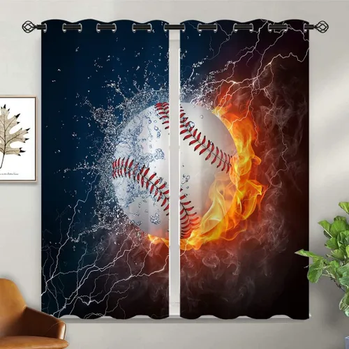Vista 2 de Cortinas opacas de béisbol para niñas y niños, decoración del hogar, iluminación deportiva de fuego y agua, con ojales, aislamiento térmico