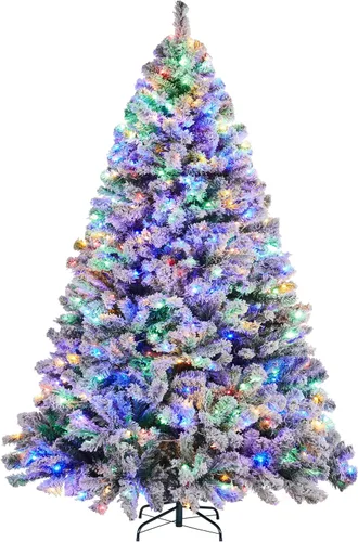 Vista 11 de Yaheetech Árbol de Navidad artificial de abeto preiluminado de 4.5 pies, flocado con nieve, con bisagras, con 100 luces LED multicolor y 340 puntas