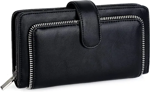 Vista 8 de UTO Cartera de cuero vegano para mujer, cartera larga con broche de presión, tarjetero de crédito, elegante embrague