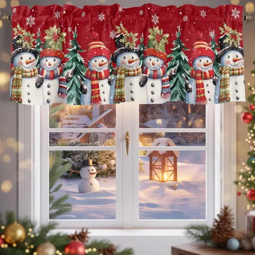 Vista 2 de Cenefa de muñeco de nieve de Navidad para ventanas de cocina, cenefas de invierno con bolsillo para barra, cortinas cortas, copos de nieve, bayas