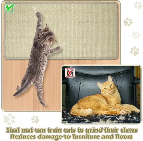 Vista 4 de Riakrum Almohadilla para arañazos para gatos, paquete de 2 alfombrillas de sisal de 32 x 16 pulgadas, almohadilla de tela natural para gatos, Beige