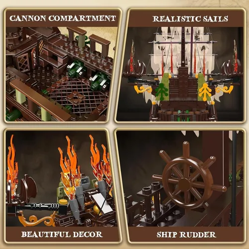 Vista 10 de Mould King Kits de Bloques de Construcción de Modelo de Barco Pirata Grande, Bloque de Construcción de Barco Pirata Holandés MOC para Construir