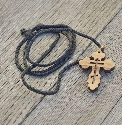 Vista 4 de Collar ortodoxo con cruz de madera de olivo de San Nicolás del Este en bolsa de algodón, certificado de Belén, collar de cruz de madera para hombres
