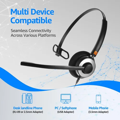 Vista 7 de IPD Auriculares de teléfono IPH-160 con micrófono con cancelación de ruido para oficina y centro de llamadas. Compatible con teléfonos fijos Polycom