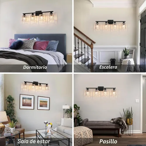 Vista 9 de Lámpara de tocador de baño de 4 luces negras mate, iluminación moderna de tocador con pantalla de vidrio de cristal, accesorios de iluminación