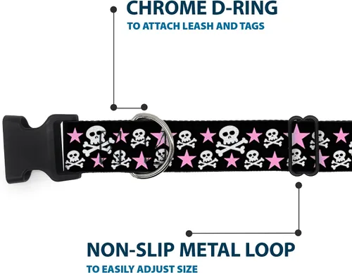 Vista 5 de Buckle-Down Collar de clip de plástico con diseño de Skulls & Stars de 9 a 15 pulgadas, color negro/blanco/rosa, pequeño