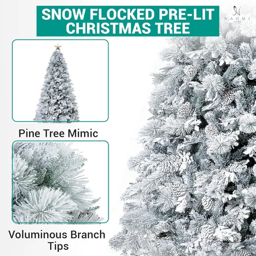 Vista 3 de Naomi Home Darla - Árbol de Navidad flocado de nieve preiluminado de 7.5 Árbol de pino