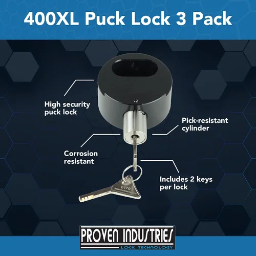 Vista 2 de Proven Industries - Juego de cerraduras Puck-Lock modelo 400XL, fabricado en los Estados Unidos, paquete de 3, color negro