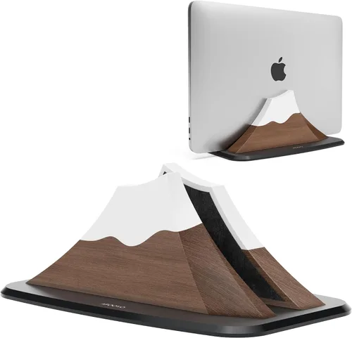 Vista 8 de AFOOYO Soporte vertical doble para laptop, soporte ajustable de madera en forma de pico de nieve, base de escritorio con 2 ranuras compatible