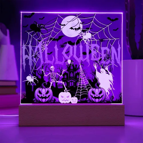 Vista 6 de Lámpara de Halloween espeluznante con decoración de luz nocturna con temática de araña y esqueleto, escena de castillo fantasma para una experiencia