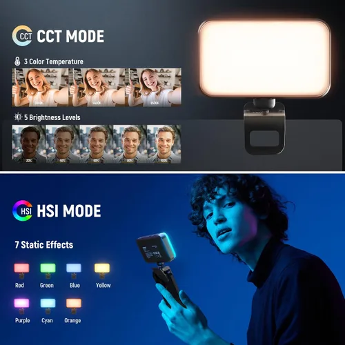 Vista 4 de NEEWER Versión de Nivel de Entrada Luz LED RGB Selfie, 91 LEDs Luz de Relleno para Teléfono con Clip Plástico para iPhone, 20 Efectos CRI92 1000mAh