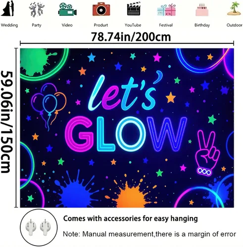Vista 8 de Starlit Patio Let's Glow - Tapiz con luz negra, reactiva a los rayos UV, decoración de pared fluorescente con brillo de neón, 78 x 59 pulgadas
