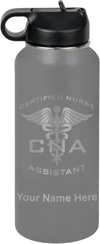 Vista 48 de LaserGram Botella de agua personalizada, asistente de enfermería certificada por la CNA, acero inoxidable de doble pared aislada al vacío con popote