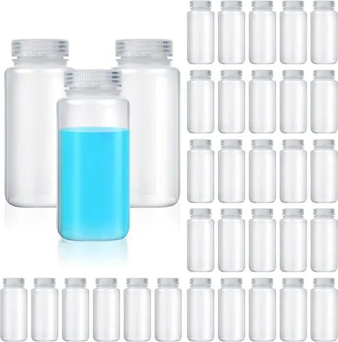 Vista 8 de Hoolerry 20 piezas 2 oz 60 ml botellas de muestra de plástico de grado laboratorio de polipropileno de boca ancha botellas de reactivo con tapas