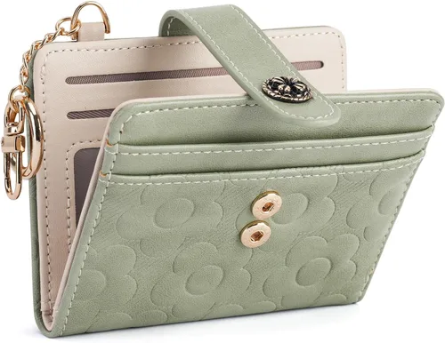 Vista 7 de Cartera RFID para mujer, delgada y pequeña, de piel con estampado de flores, plegable, compacta, con tarjetero y bolsillo para monedas, color marrón